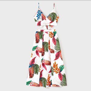 Hawaiian Tropical Leaf Print Tie‑Front Camisole Women Top & Skirt Set S, M, L,